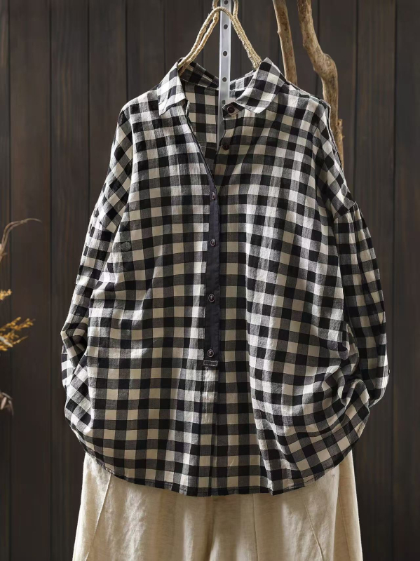 Női kockás ing, pamutkeverékből, retro irodalmi dizájn, laza szabás, 2025 ősz