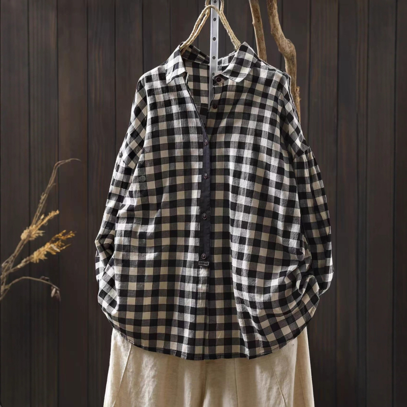 Női kockás ing, pamutkeverékből, retro irodalmi dizájn, laza szabás, 2025 ősz
