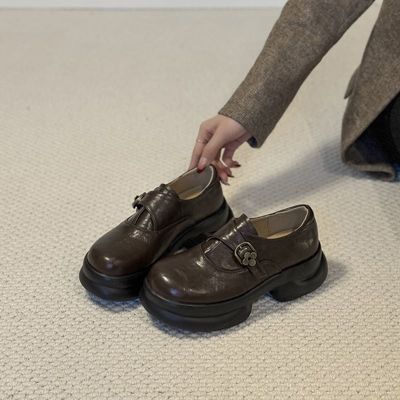 Smeđe ženske loafers na platformi s debelom potplatom, britanski stil, svakodnevna obuća