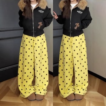 Ženske fleece hlače u američkom stilu, žuto-točkasti all-over print, fleece-lined, za žene, jesen-zima 2026, široke hlače, casual sportski stil
