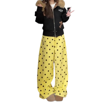 Ženske fleece hlače u američkom stilu, žuto-točkasti all-over print, fleece-lined, za žene, jesen-zima 2026, široke hlače, casual sportski stil