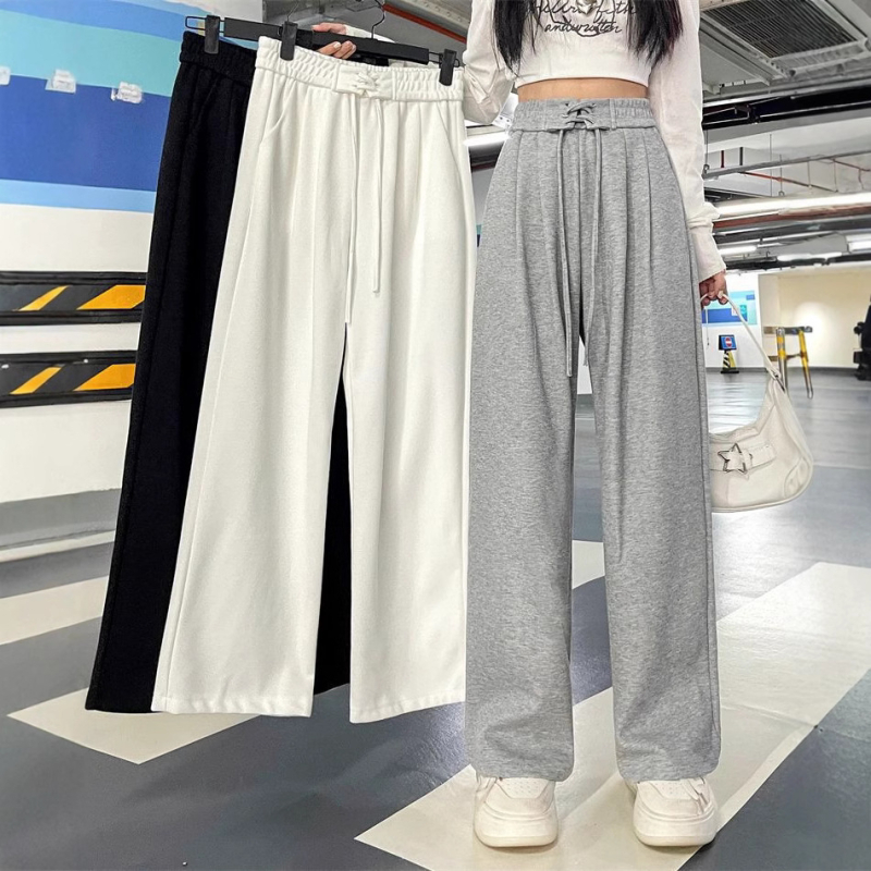 Sive ženske casual sportske hlače sa šnimom, visokim strukom, naglašavaju bokove, ravno široki kroj, za proleće i jesen, korejski stil