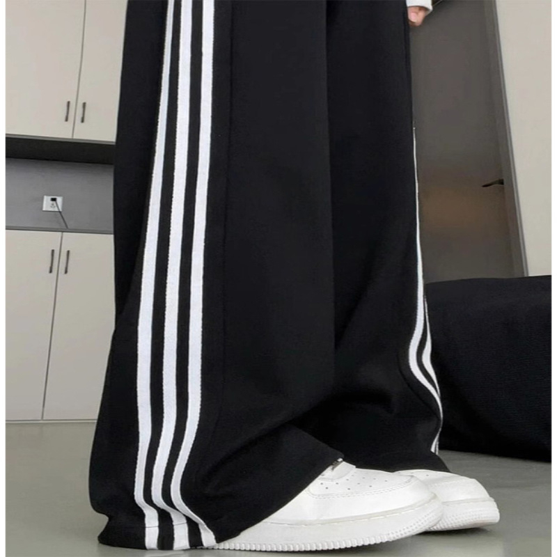 Ženske hlače za trčanje plus size, crne pruge, lagane za proleće i leto, visok pas, opušten kroj, široke nogavice, tri pruge