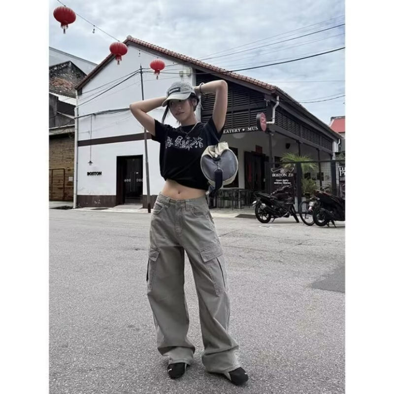 Ženske hlače u američkom stilu uličnog izričaja s velikim džepovima, širokog kroja, plisirane, casual hip-hop isprane, dugačke