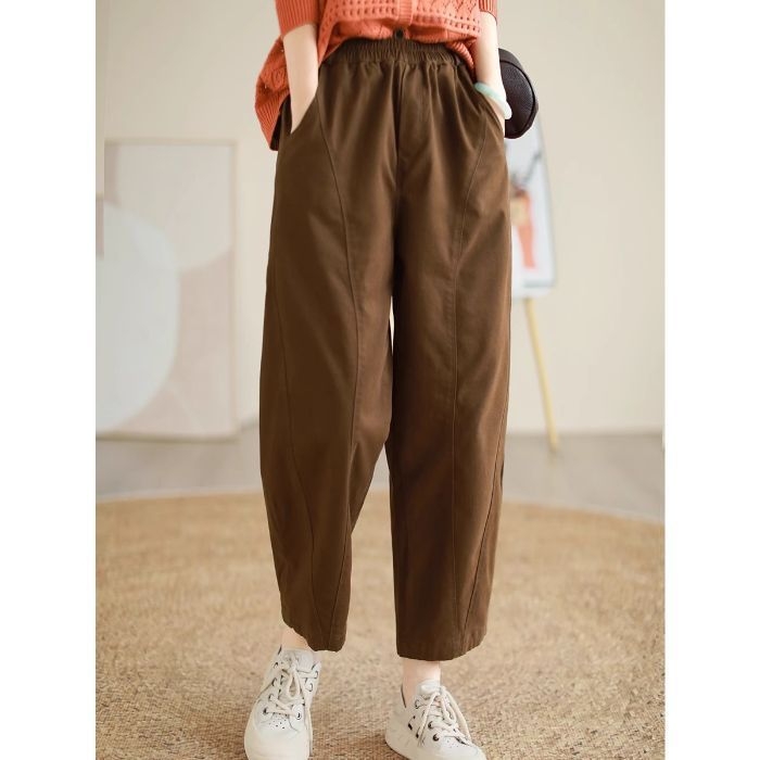 Ženske hlače harém u Hong Kong chic retro casual stila, za jesen-zimu, s flisom u unutrašnjosti, širokog kroja, naglašavaju struk i vizualno vitkiju siluetu, velike veličine, duljina do gležnja