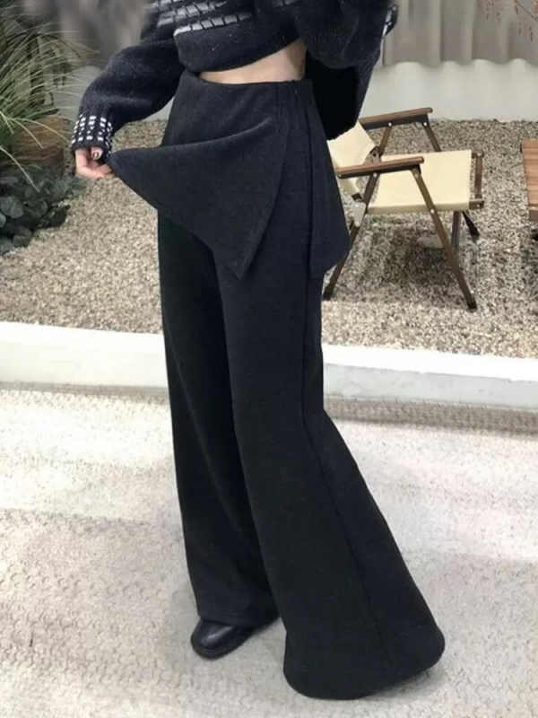 Pantalone s patchworkom, lažni dvodijelni dizajn, plišani velur podstava, visoki pojas, uski ravni kroj s blagim širenjem