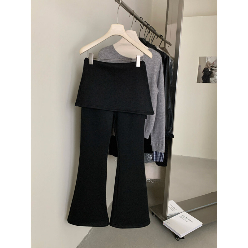 Pantalone s patchworkom, lažni dvodijelni dizajn, plišani velur podstava, visoki pojas, uski ravni kroj s blagim širenjem