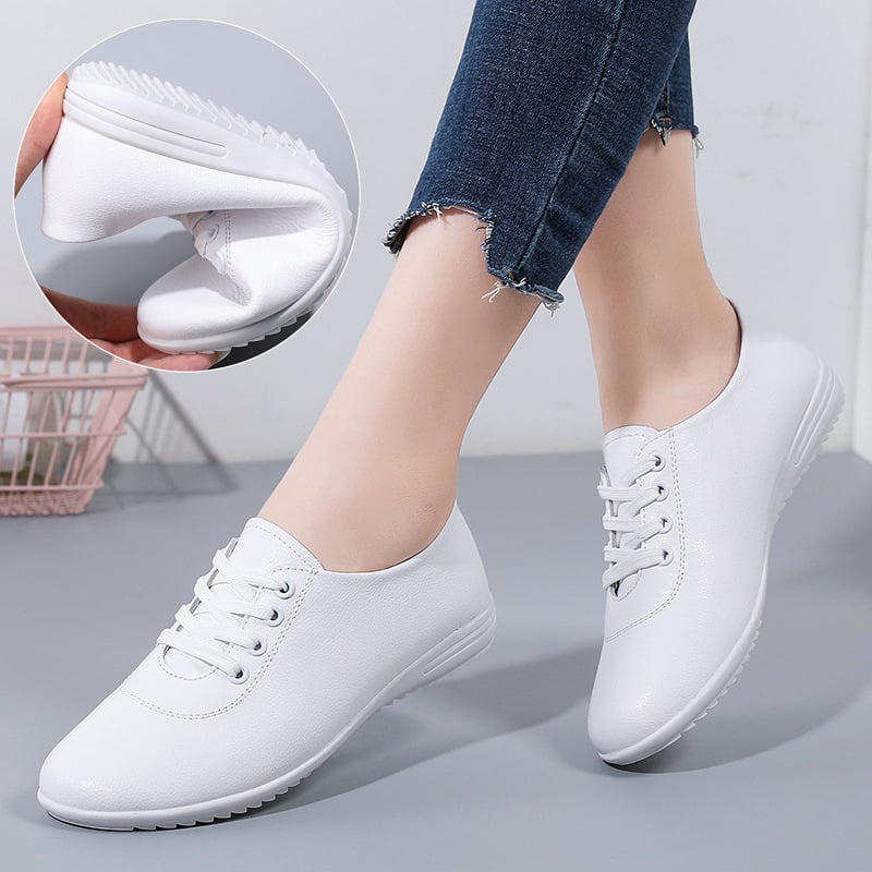Ženske bijele kožne tenisice, okrugla špička, ravna potplata, casual stil, korejskog stila