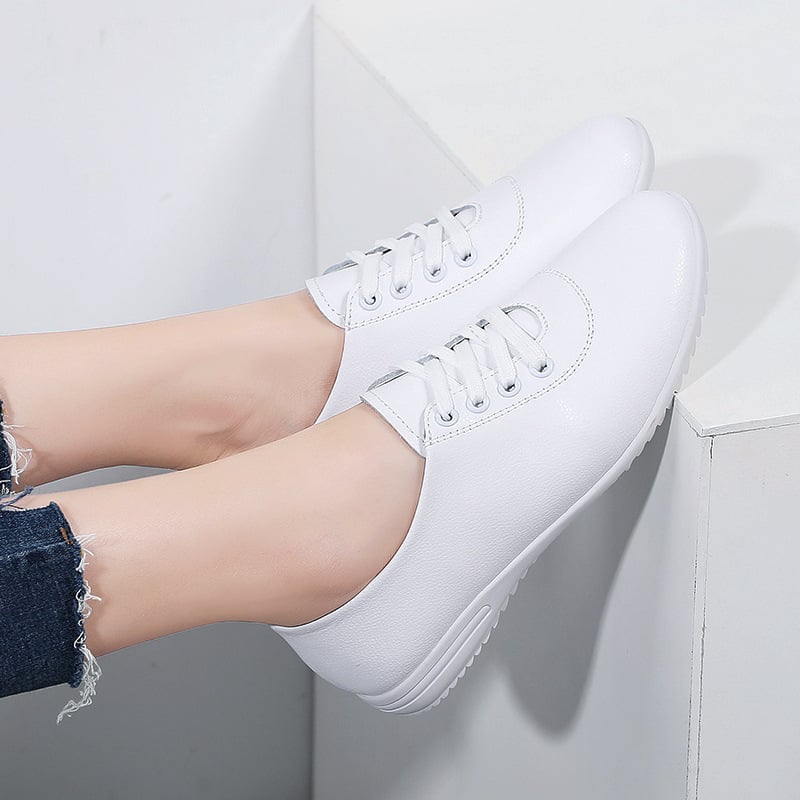 Ženske bijele kožne tenisice, okrugla špička, ravna potplata, casual stil, korejskog stila