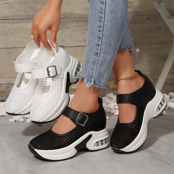 Дамски дишащи обувки с катарама и клин-платформа, горна част от плетена материя, кръгъл нос, ежедневни, гумена подметка