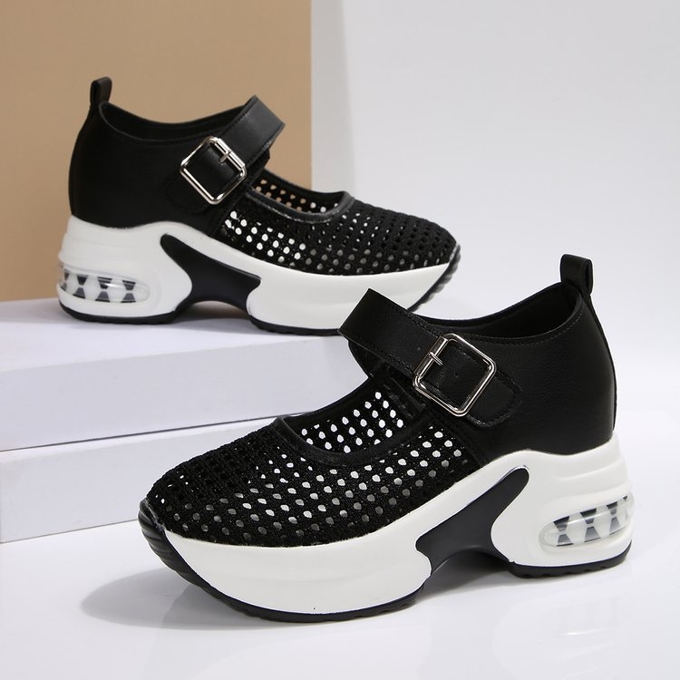 Дамски дишащи обувки с катарама и клин-платформа, горна част от плетена материя, кръгъл нос, ежедневни, гумена подметка