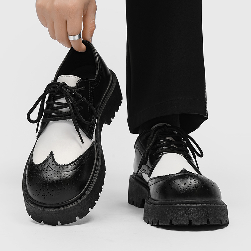 Muške kožne cipele s niskim gornjim dijelom i debelim potplatom za povećanje visine, crne brogues s izrezbarenim uzorkom, okrugli vrh, casual, Z08