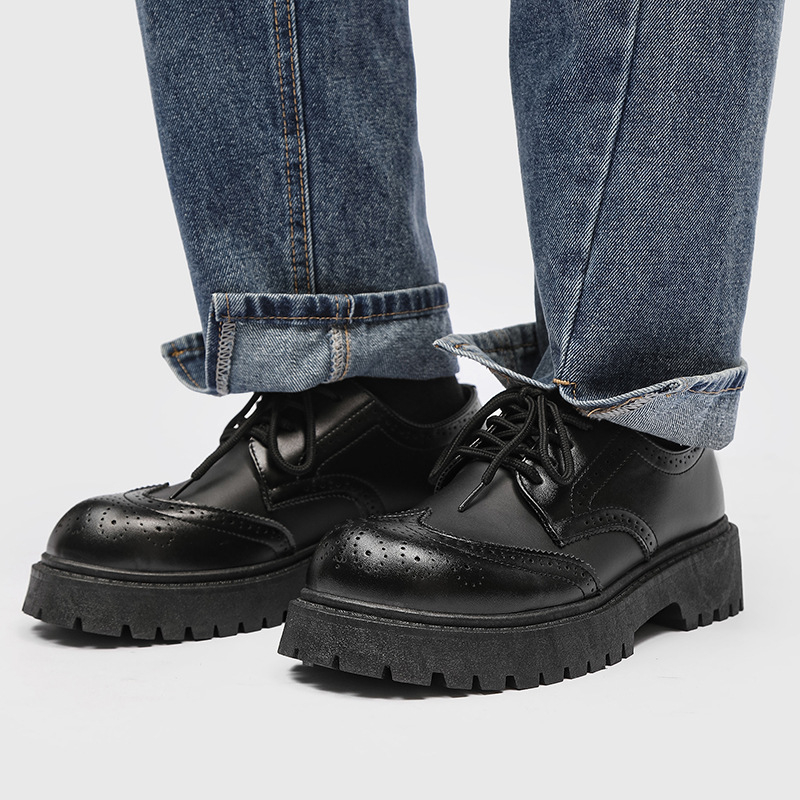 Muške kožne cipele s niskim gornjim dijelom i debelim potplatom za povećanje visine, crne brogues s izrezbarenim uzorkom, okrugli vrh, casual, Z08