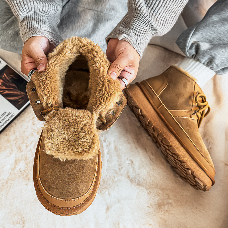 2025 Férfi Martin csizmák, fűzős, alacsony szárú, fleece bélés, vastag meleg retro téli csizma, bőr felső, teljes gyapjú belső, csúszásmentes talp, magasságot növelő