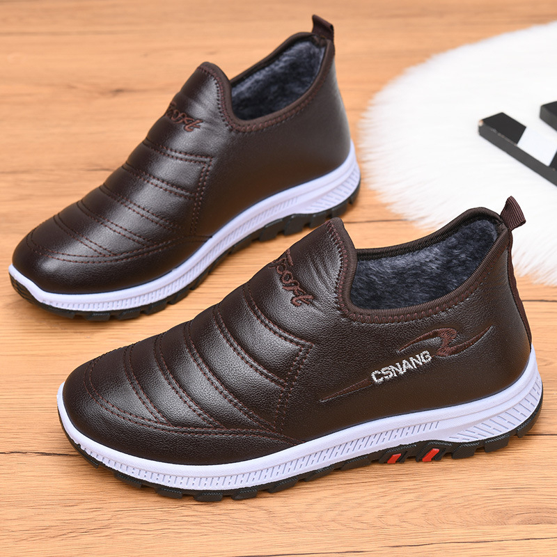 Muške vodootporne papuče od platna s gornjim dijelom od sintetičke kože, fleece podstava, protuklizne, slip-on, zima 2024, stil dad shoes
