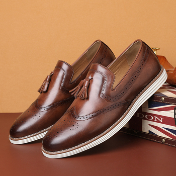 Мъжки кожени обувки за бизнес, Slip-On с ресни в стил брог, дишащи