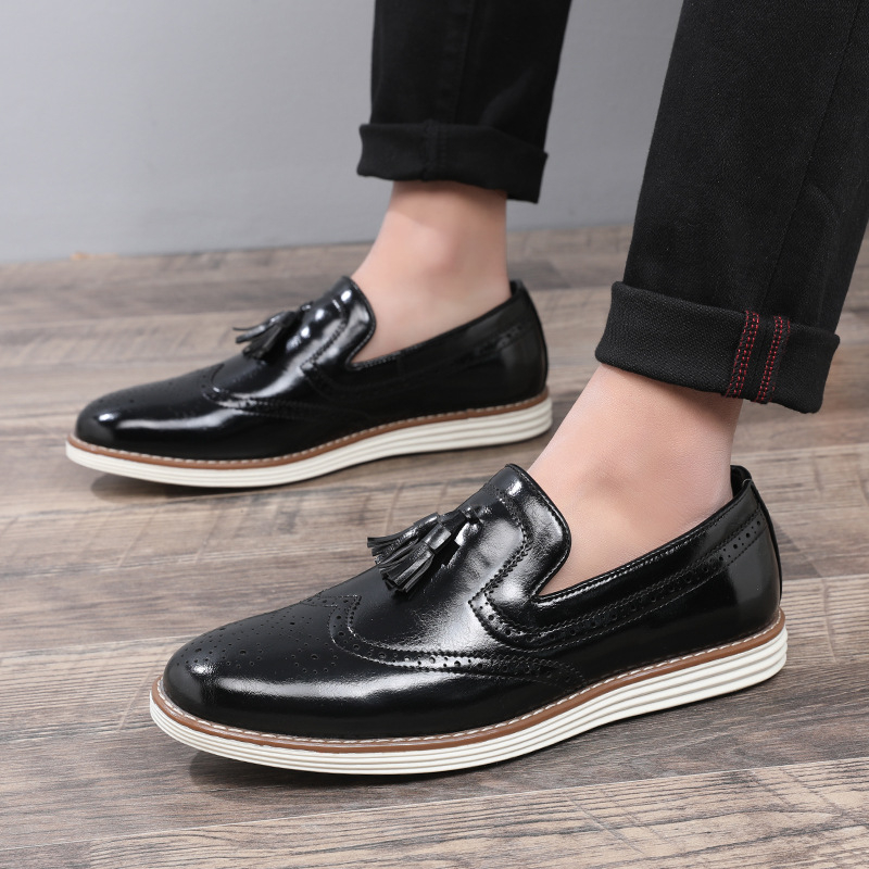 Мъжки кожени обувки за бизнес, Slip-On с ресни в стил брог, дишащи