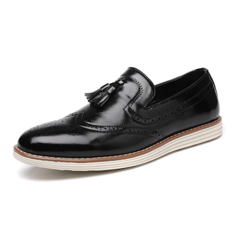 Мъжки кожени обувки за бизнес, Slip-On с ресни в стил брог, дишащи