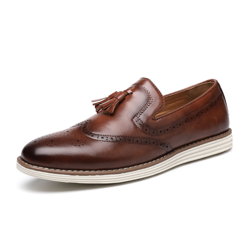 Мъжки кожени обувки за бизнес, Slip-On с ресни в стил брог, дишащи