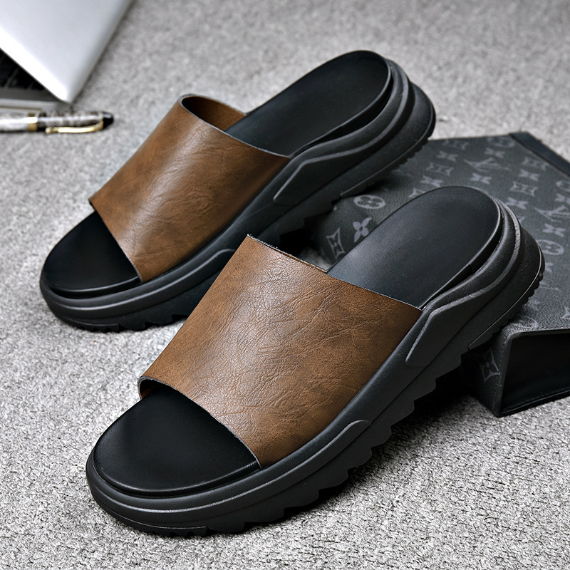 Muške sandale od prave kože, slip-on, otvorenog prsta, lagane, debela potplata