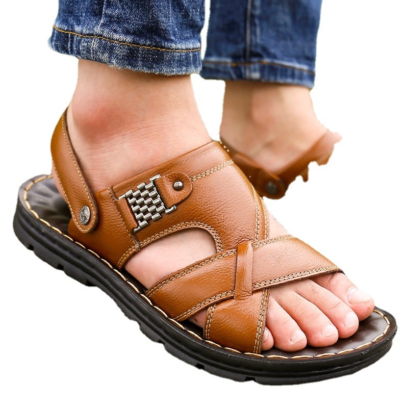 Muške ljetne sandale, casual stil, s otvorenim prstom, od kože prvog sloja teleće kože, debela potplata, prozračne, vodootporne, protuklizne