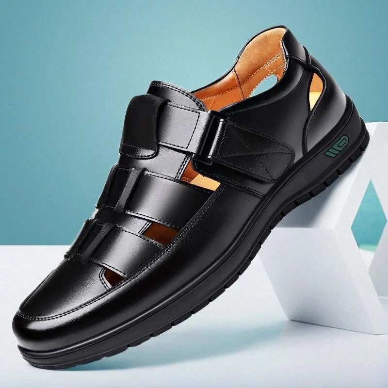 Muške kožne sandale za ljeto, crne, s Velcro zatvaranjem, prozračne i protuklizne