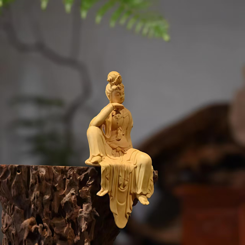 Guanyin Bodhisattva drvena figurica od boxwood za dnevni boravak — trodimenzionalno umjetničko djelo