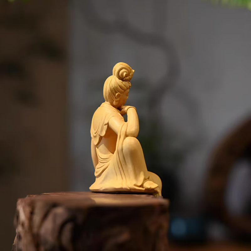 Guanyin Bodhisattva drvena figurica od boxwood za dnevni boravak — trodimenzionalno umjetničko djelo