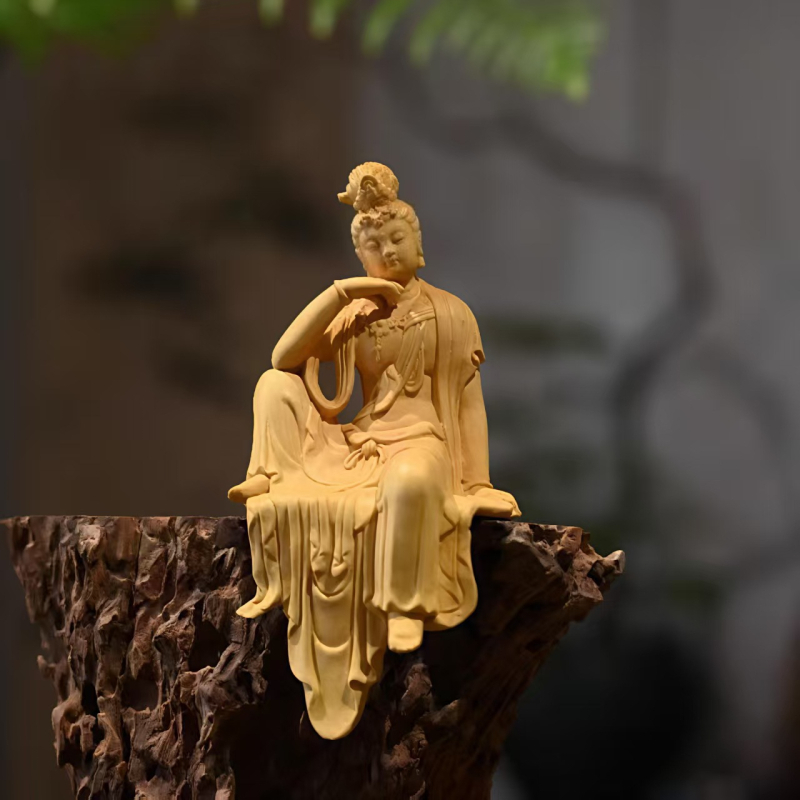 Guanyin Bodhisattva drvena figurica od boxwood za dnevni boravak — trodimenzionalno umjetničko djelo