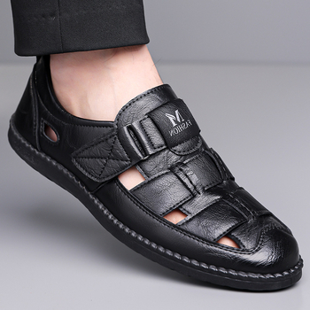 Férfi bőr perforált szandál, Velcro-s slip-on, mindennapi kényelmes cipő