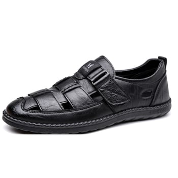 Férfi bőr perforált szandál, Velcro-s slip-on, mindennapi kényelmes cipő
