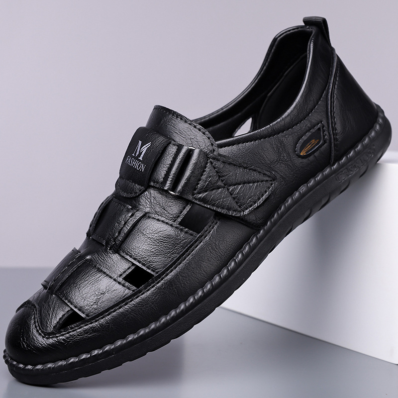 Férfi bőr perforált szandál, Velcro-s slip-on, mindennapi kényelmes cipő