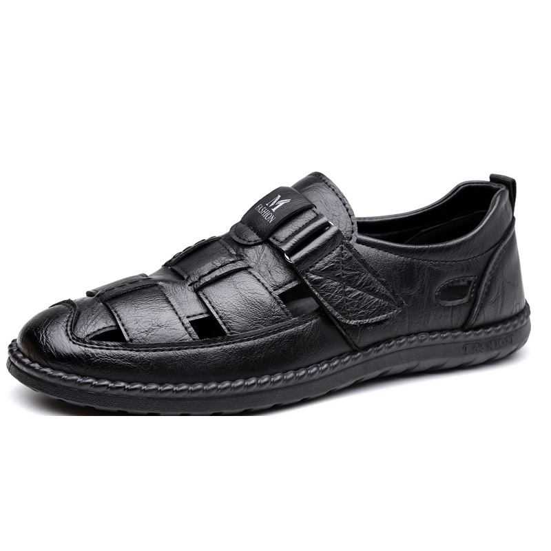 Férfi bőr perforált szandál, Velcro-s slip-on, mindennapi kényelmes cipő