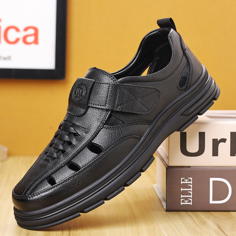 Мъжки перфорирани кожени сандали с велкро закопчаване, дишащи, противохлъзгаща гумена подметка, делови стил