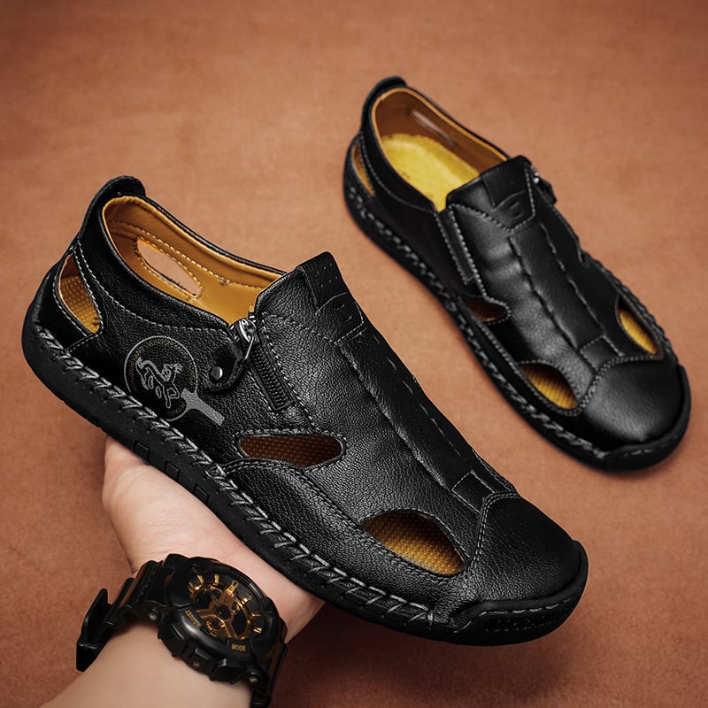 Férfi kültéri szandál, lélegző lyukacsos felsőrész, nagy méret, lazább stílus, varrott részletek, strandcipő