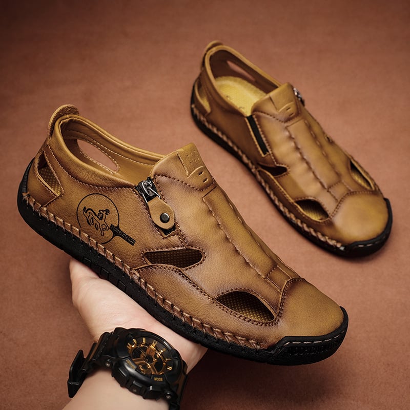 Férfi kültéri szandál, lélegző lyukacsos felsőrész, nagy méret, lazább stílus, varrott részletek, strandcipő