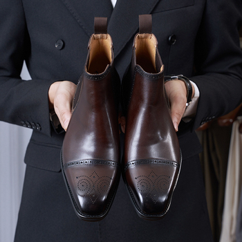 Мъжки зимни кожени ботуши с висок връх в стил Челси, класически мартин ботуши с резба