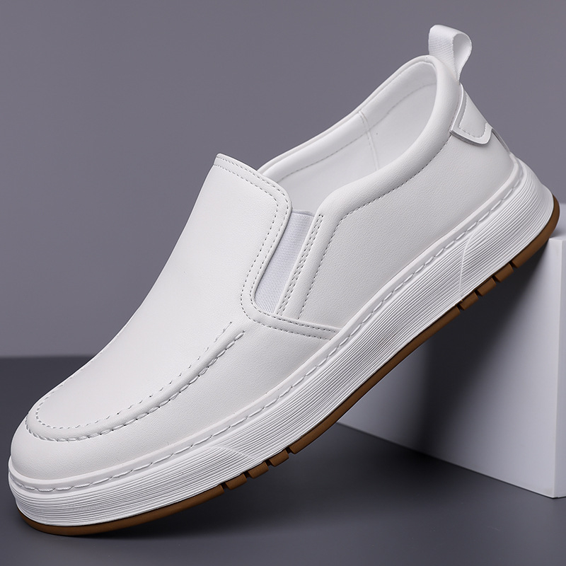 Muški slip-on loafers od mikrovlakna, bijeli, zaobljeni vrh, niski potplat