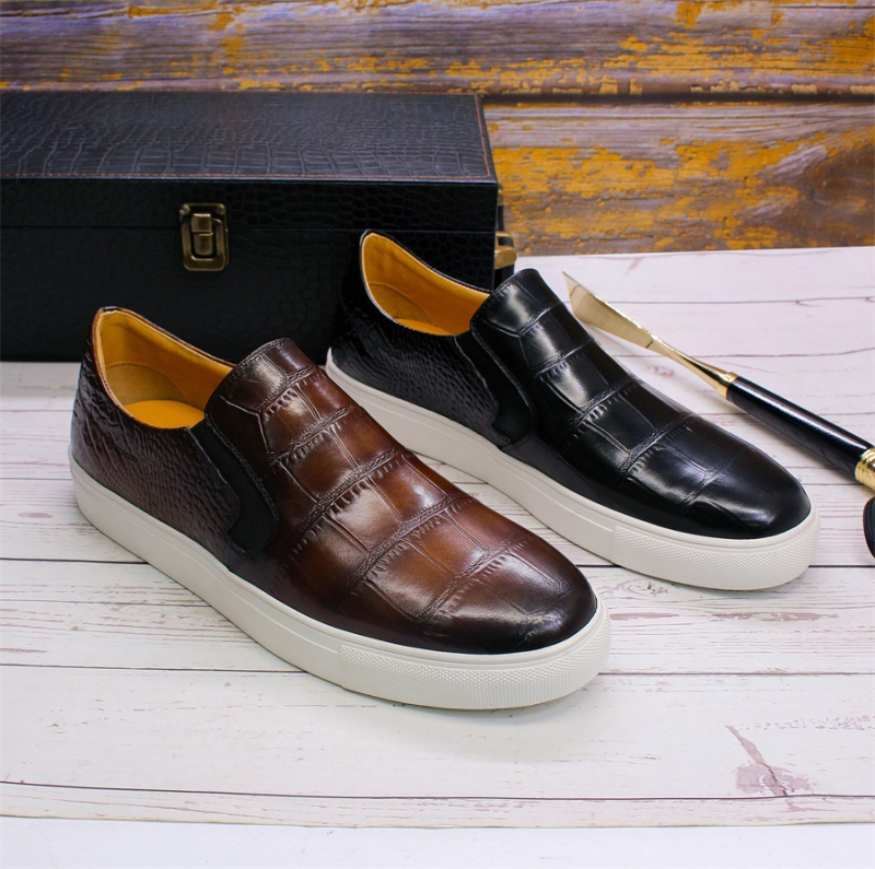 Muške crne tenisice od prave kože s teksturom krokodila i kamena – casual stil