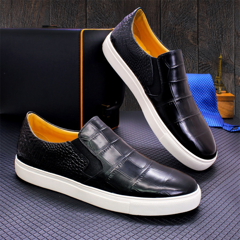 Muške crne tenisice od prave kože s teksturom krokodila i kamena – casual stil