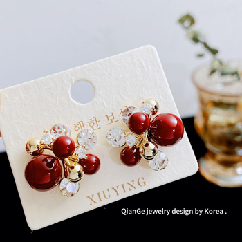 Cercei pentru femei, stil Hong Kong, perle burgundii și diamante în formă de artificii, cu tijă din argint 925, eleganță retro