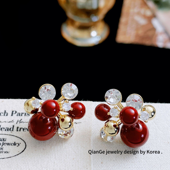 Cercei pentru femei, stil Hong Kong, perle burgundii și diamante în formă de artificii, cu tijă din argint 925, eleganță retro