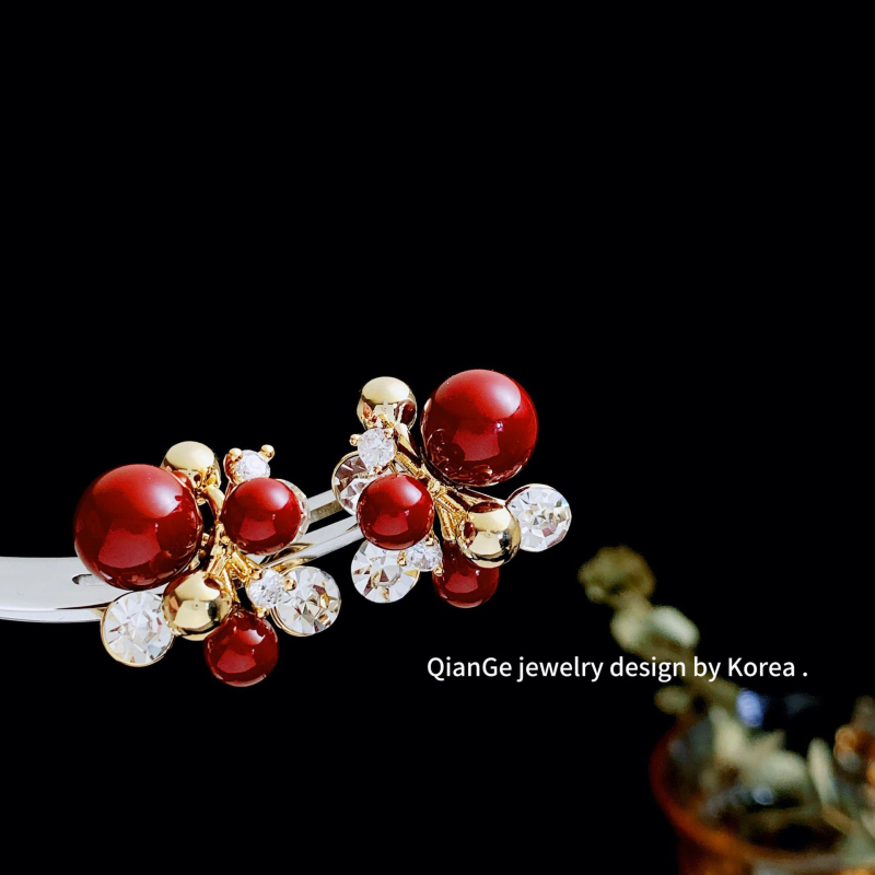 Cercei pentru femei, stil Hong Kong, perle burgundii și diamante în formă de artificii, cu tijă din argint 925, eleganță retro