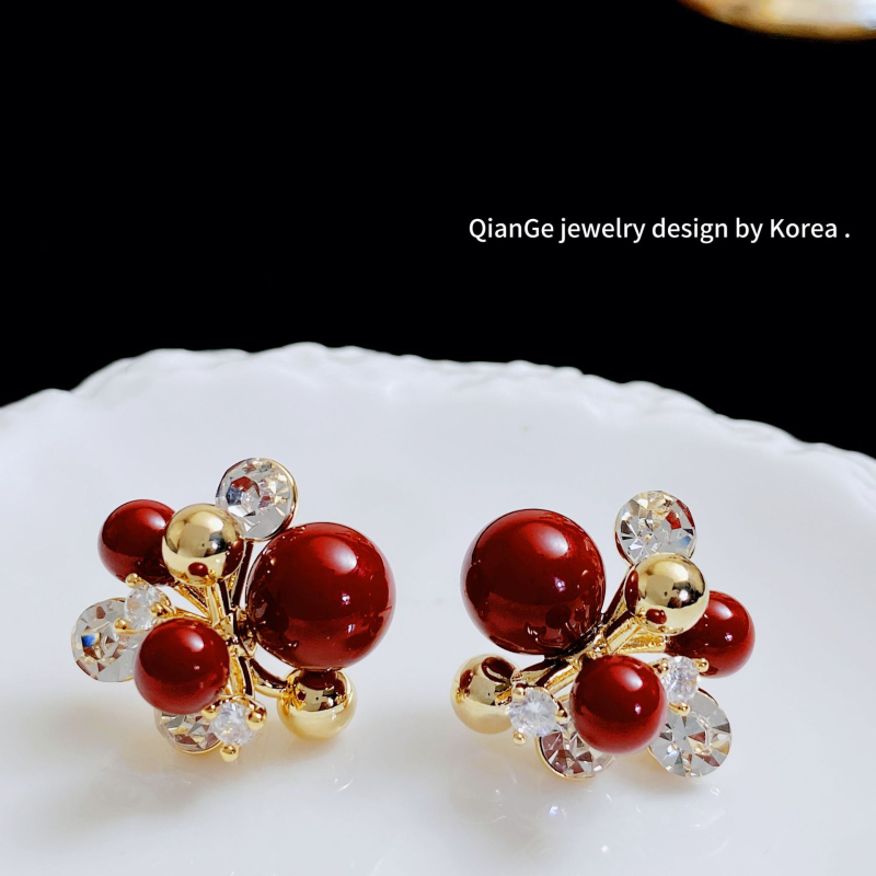 Cercei pentru femei, stil Hong Kong, perle burgundii și diamante în formă de artificii, cu tijă din argint 925, eleganță retro