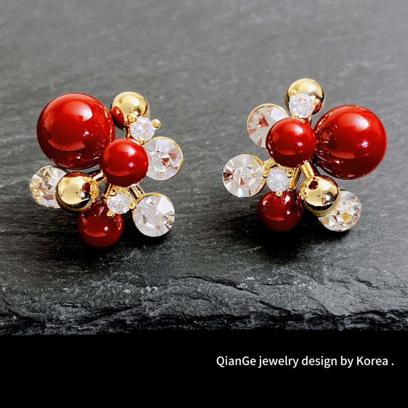 Cercei pentru femei, stil Hong Kong, perle burgundii și diamante în formă de artificii, cu tijă din argint 925, eleganță retro