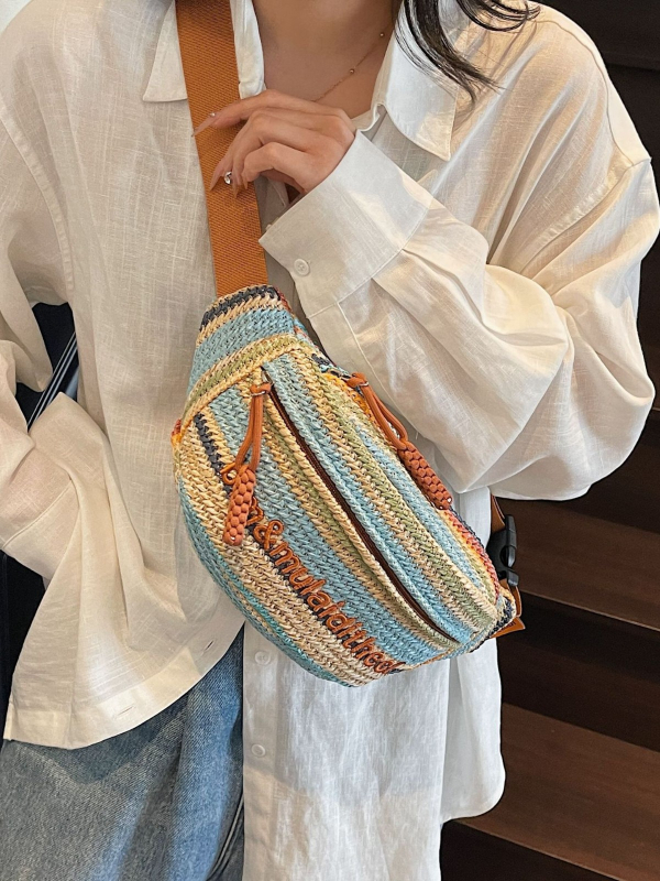 Damska torbica od slame, sportski stil, crossbody i torbica za struk, kontrastne boje, model 2025