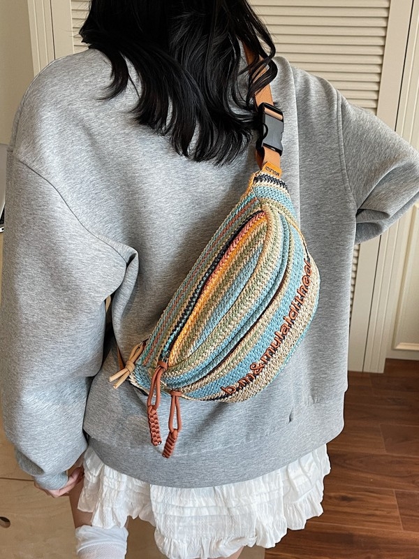 Damska torbica od slame, sportski stil, crossbody i torbica za struk, kontrastne boje, model 2025