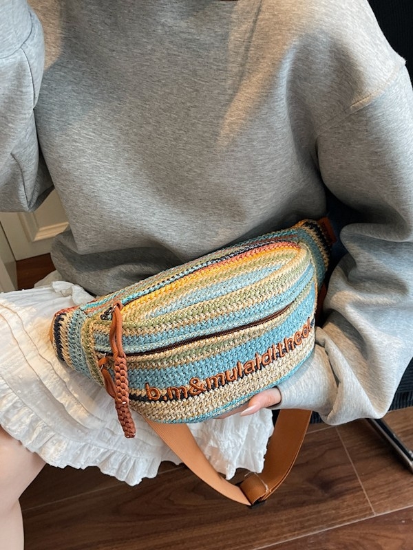 Damska torbica od slame, sportski stil, crossbody i torbica za struk, kontrastne boje, model 2025