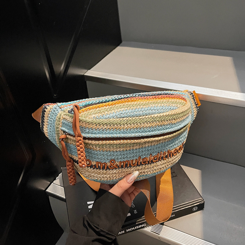 Damska torbica od slame, sportski stil, crossbody i torbica za struk, kontrastne boje, model 2025