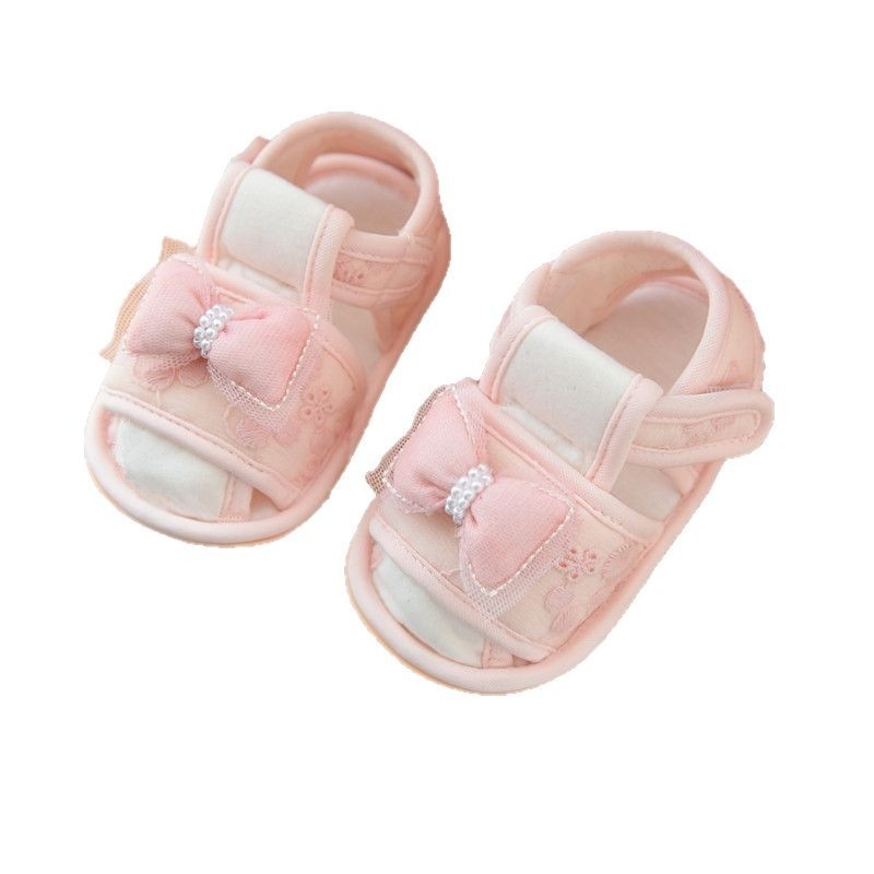 Sandale za prve korake za djevojčice, mekana potplata, princes stil, čipkana mašnica, ljeto, protuklizne, prozračne, Velcro zatvarač